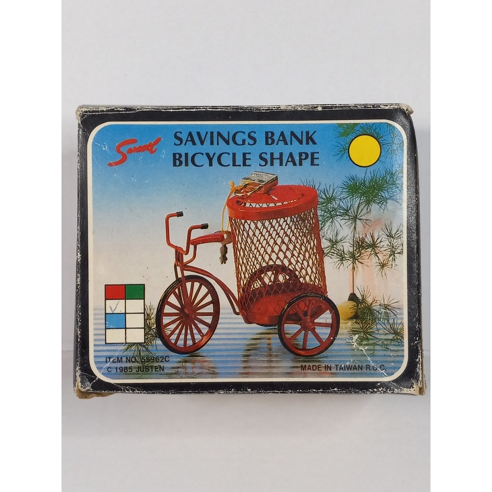 VINTAGE 1985 Justen Red Metal Bicycle Tricycle Savings Bank 55962C New In Box
